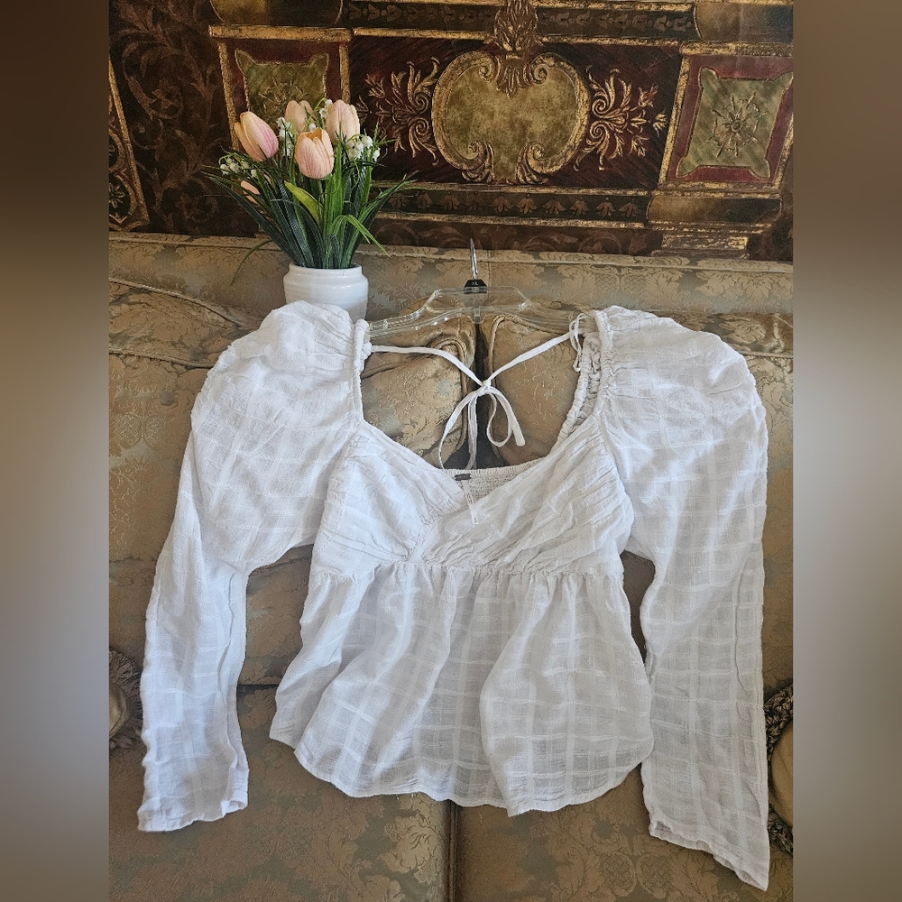 NWOT Free People White Blouse Tie Back with Puff Sleeves